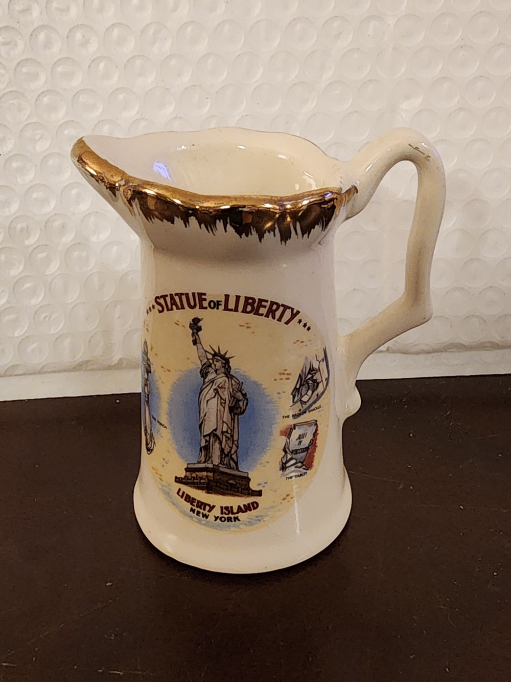 Statue of Liberty Souvenir Ceramic Pitcher with Gold Trim